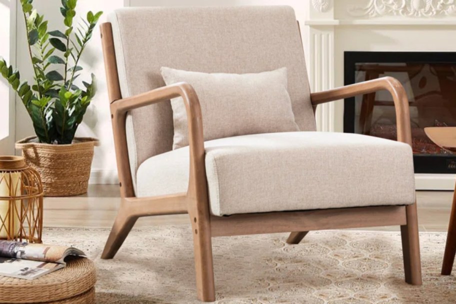 linen and wood accent chair