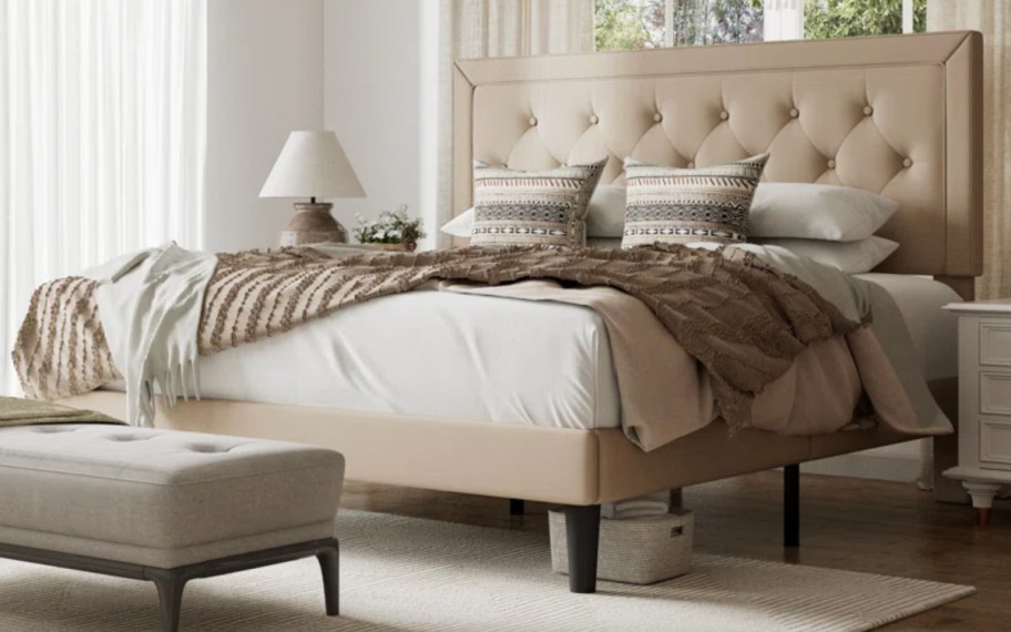 linen upholstered bed