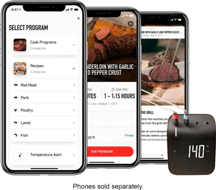 Weber Connect device next to 3 phones using app