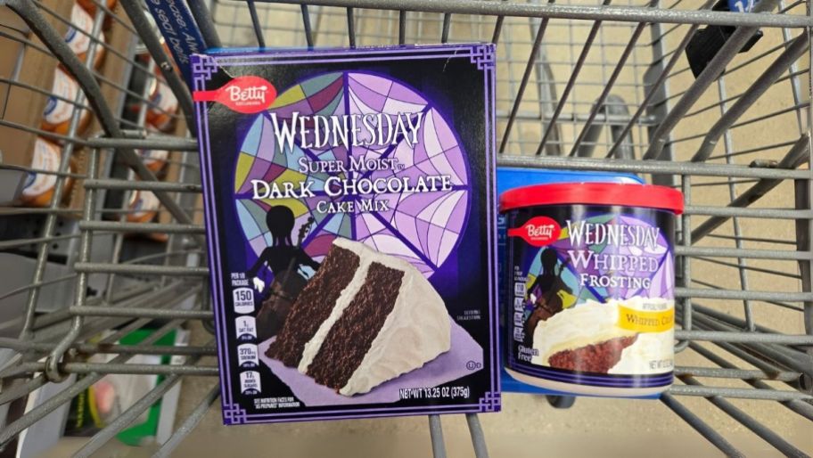 wednesday cake mix and frosting in a shopping cart