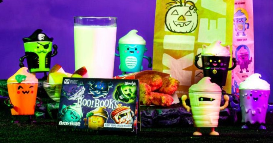 a Wendy's Boo Book and Fright Frosty toys, kids meal, and glass of mlik