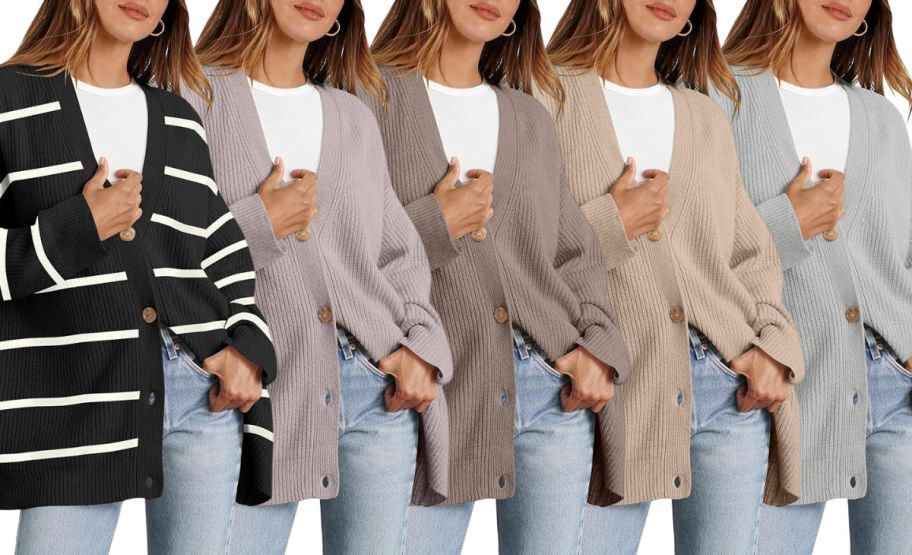 models wearing oversized cardigans in various colors stock image