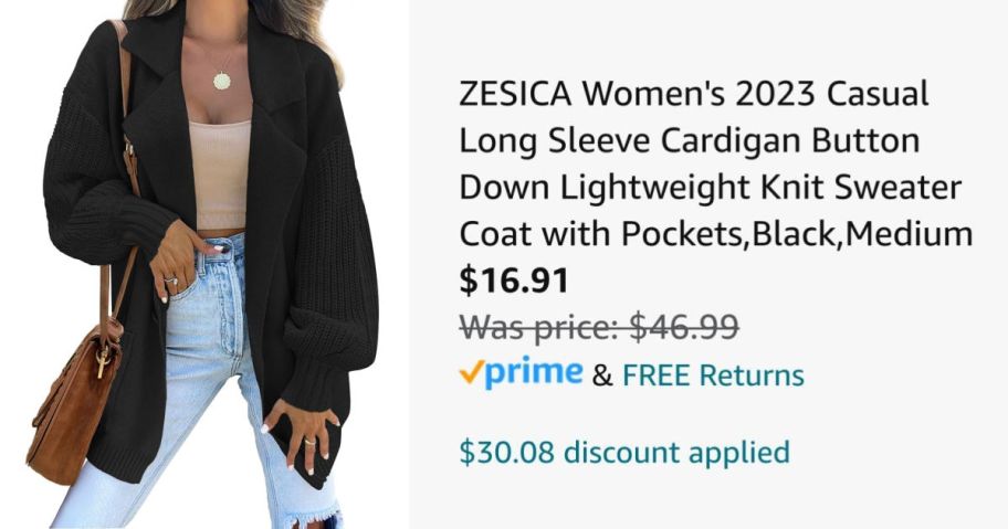 woman wearing black cardigan sweater next to Amazon pricing information