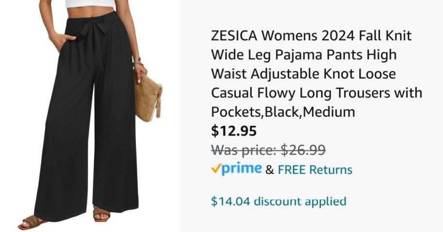 woman wearing black pants next to Amazon pricing information