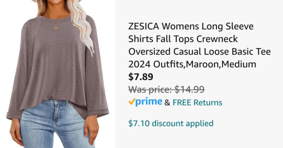 woman wearing gray shirt next to Amazon pricing information