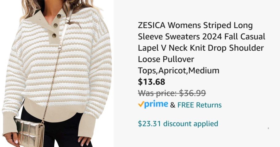 woman wearing striped sweater next to Amazon pricing information