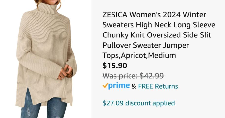 woman wearing tan turtleneck sweater next to Amazon pricing informaiton