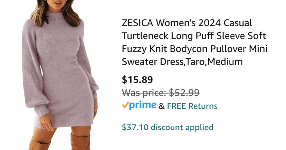 woman wearing sweater dress next to Amazon pricing information