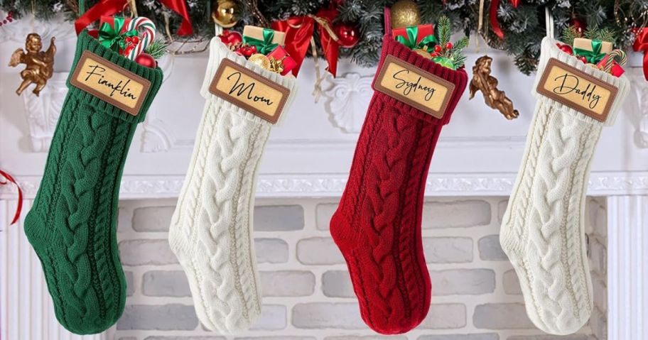 4n steo spce Personalized Christmas Stockings hanging on a mantel