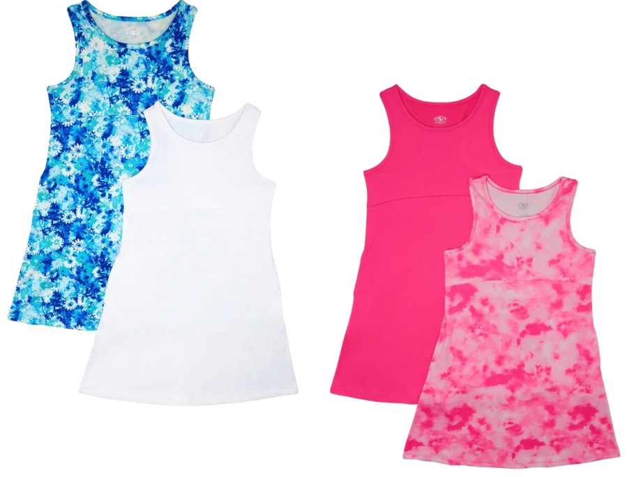 2 packs of girls sleeveless dresses in blue tie dye and white and hot pink and pink tie dye