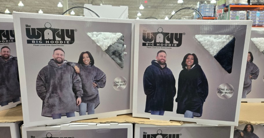 2 boxes with The Wavy Big Hoodies on a shelf at Costo