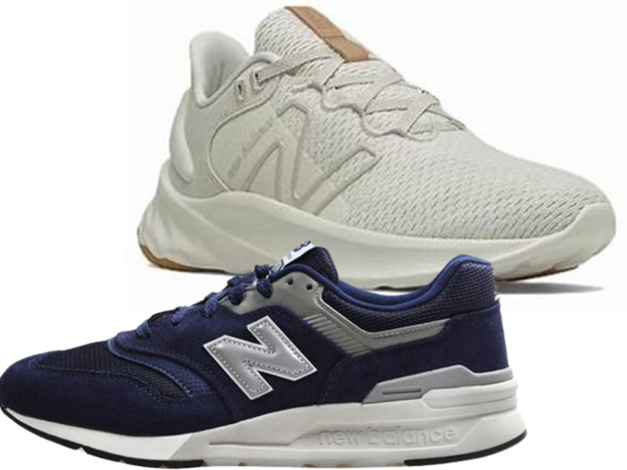 off white women's New Balance sneaker and blue and grey men's New Balance Sneaker