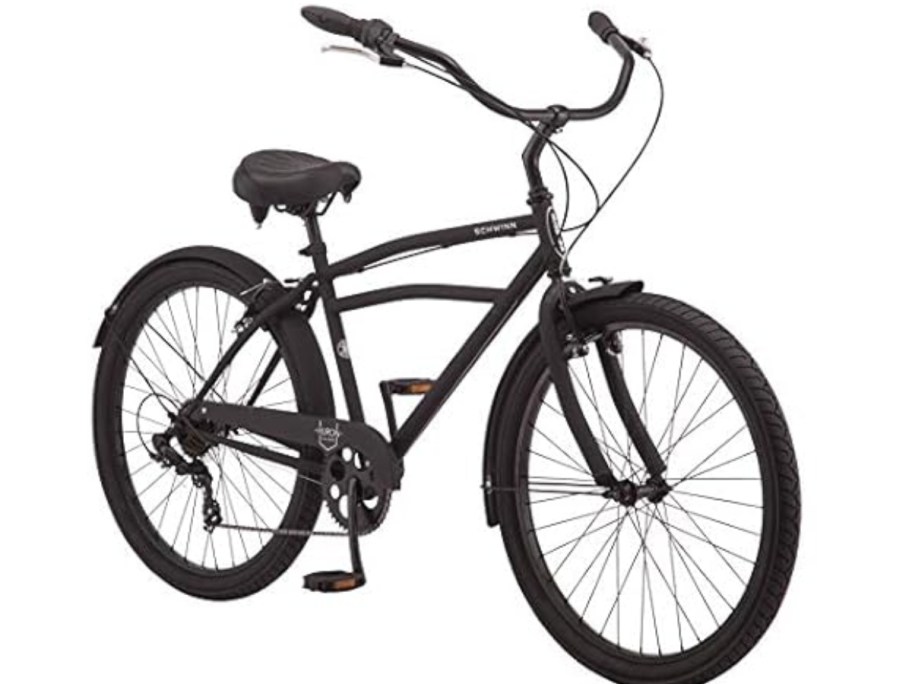 a black Schwinn's adults beach cruiser style bike