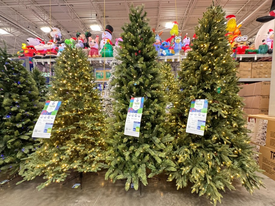 3 green pre-lit artificial Christmas trees with price tags on them in-store at Lowes