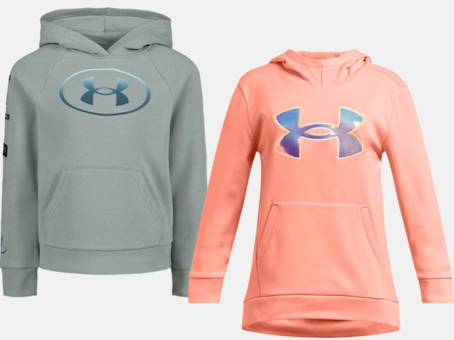 girl's grey and blue and peach and blue Under Armour logo hoodies