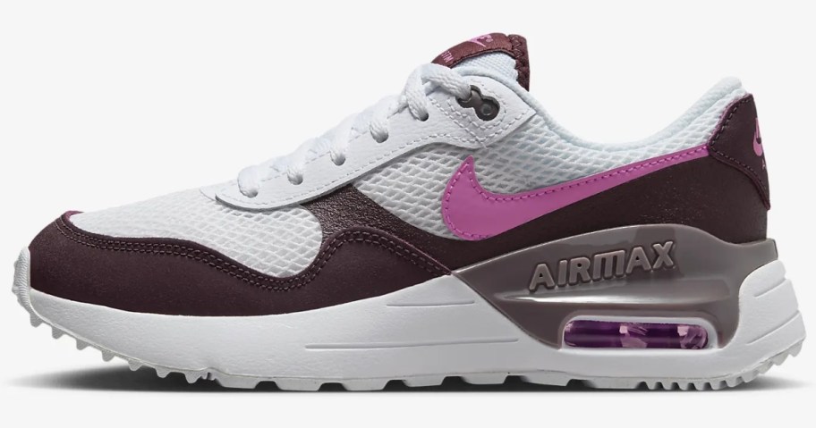 kid's Nike Air Max shoe in white with black and pink accents