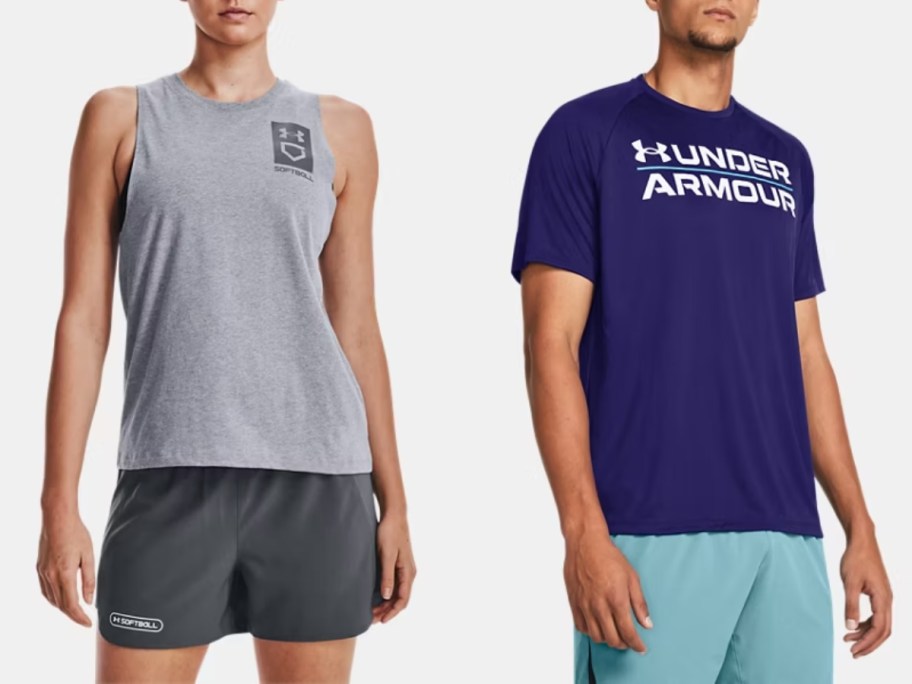 woman wearing a grey Under Armour tank top and shorts and man wearing a blue Under Armour t-shirt and shorts