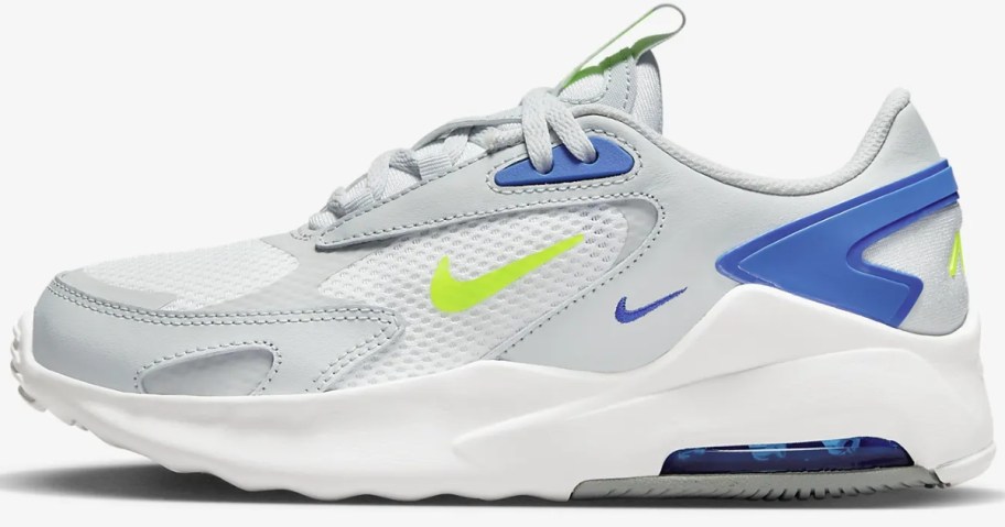 kids Nike Air Max shoe in white with grey, blue and yellow accents