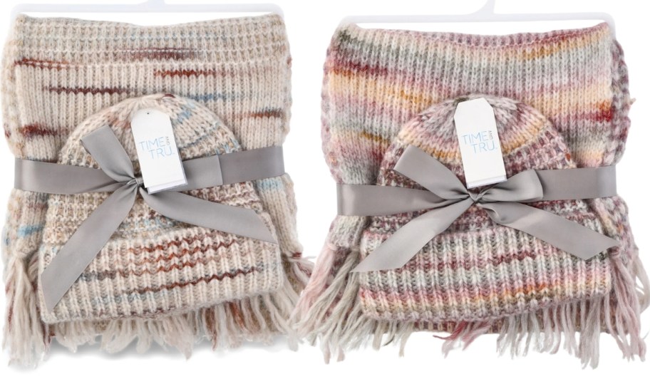 2 multicolor women's scarf and beanie sets