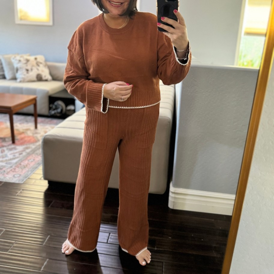 woman taking a selfie wearing a caramel brown color loungewear set
