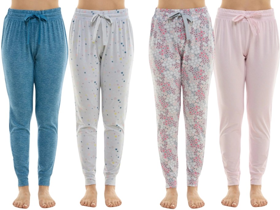 women's legs wearing jogger style pajama pants in various colors