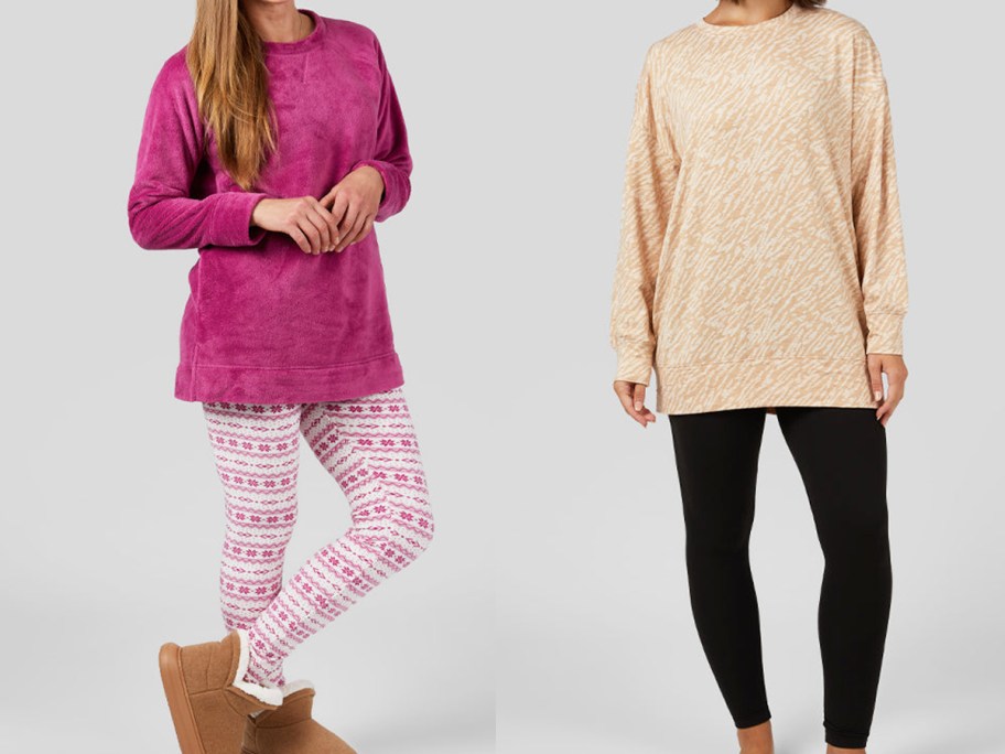 two women in pajama top and leggings sets