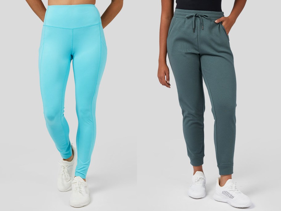 two women in blue leggings and teal joggers