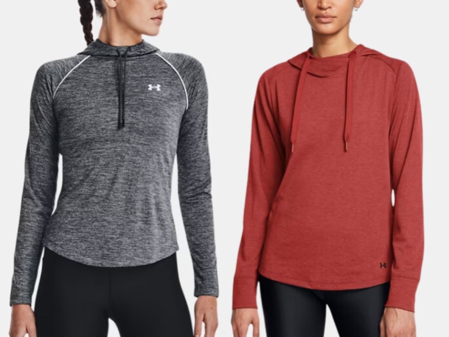 woman wearing a grey Under Armour quarter zip hoodie and woman wearing a red Under Armour hoodie