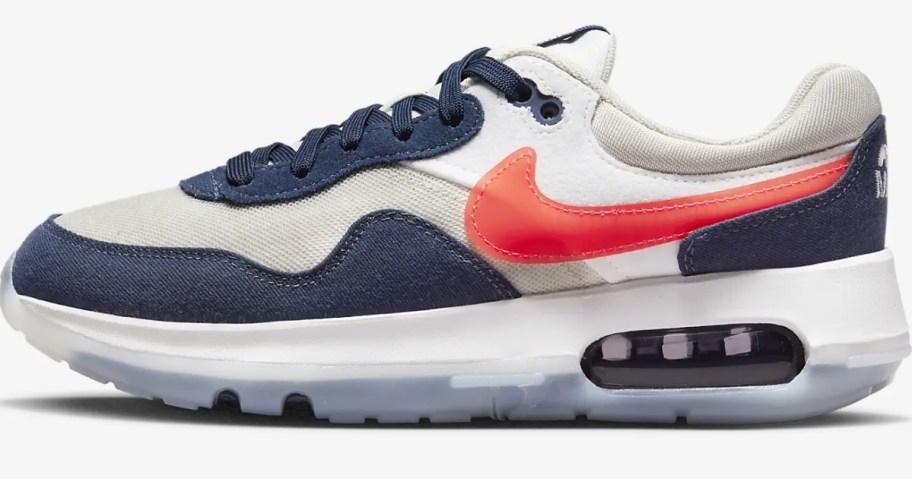kids Nike Air Max shoe in white with navy blue, grey, and orange accents