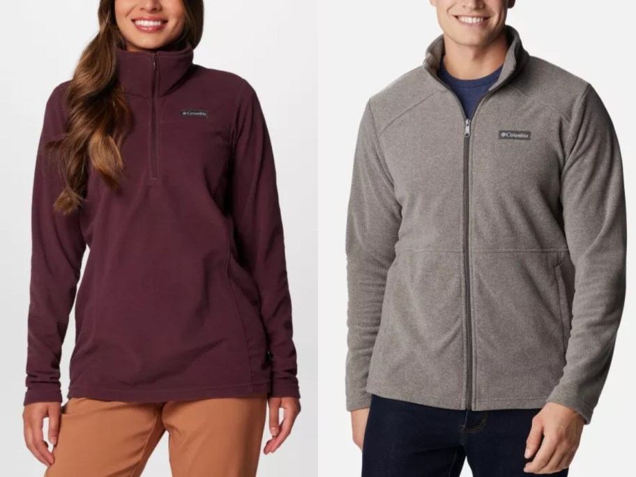 woman in a purplish fleece quarter zip Columbia shirt and man in a grey zip up fleece jacket