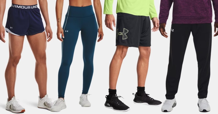 women and men wearing Under Armour shorts, leggings, and joggers