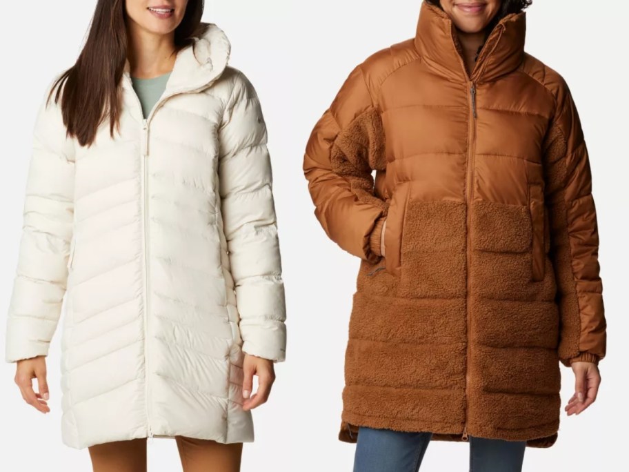women wearing long puffer style Columbia jackets, one in cream, one in camel brown