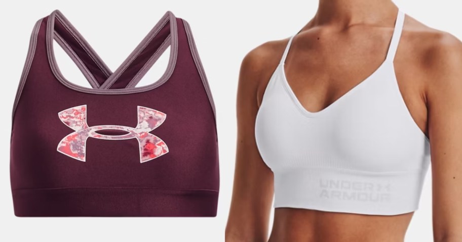 a purple and pink girls Under Armour sports bra and a woman wearing a white sports bra