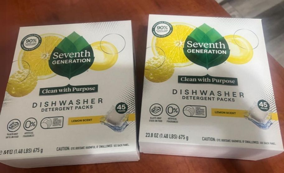 two 45 count boxes of seventh generation dishwasher tabs on a countertop