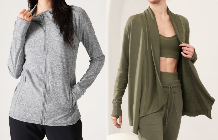 woman in grey jacket and woman in olive green wrap