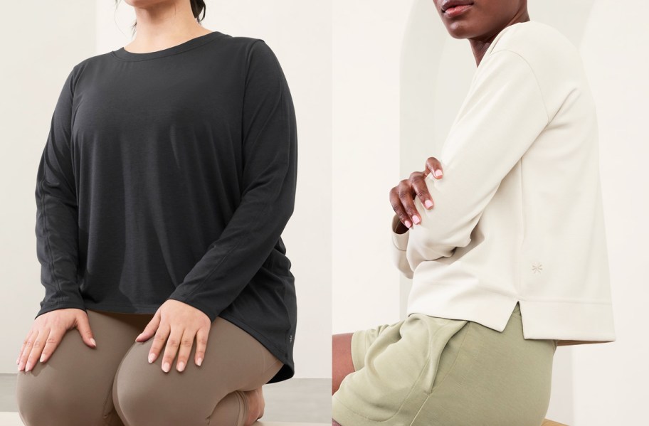 two women in black and white long sleeve tops