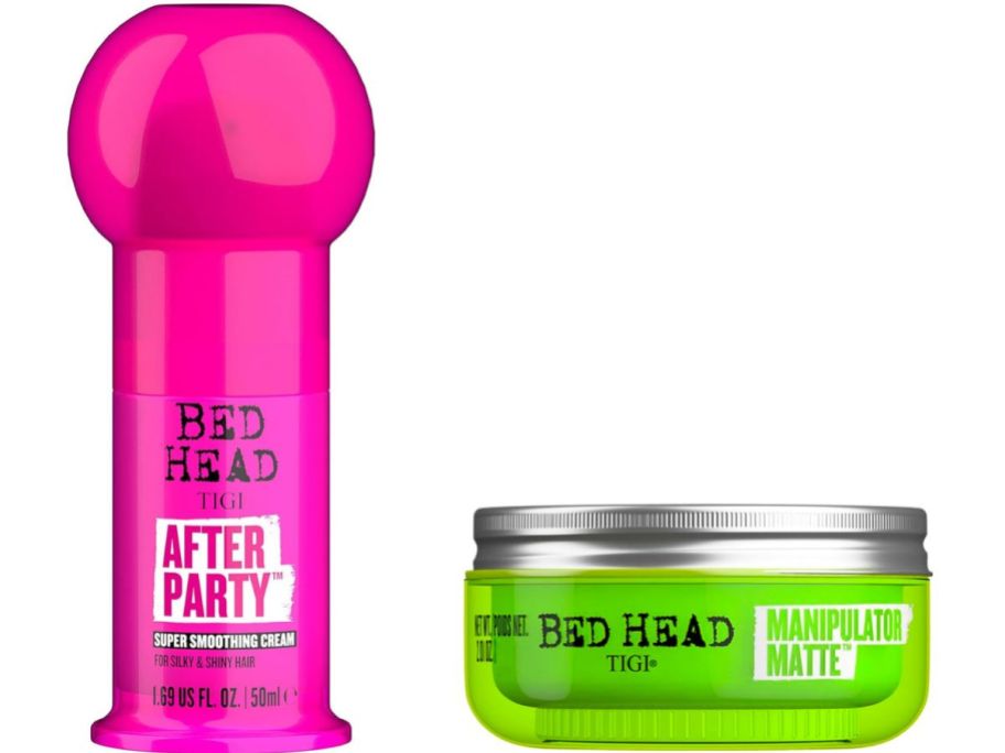 Stock image of two Bed Head travel size haircare products