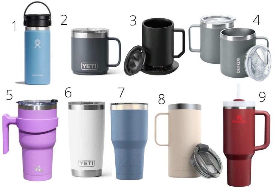 collage of insulated mugs on white background