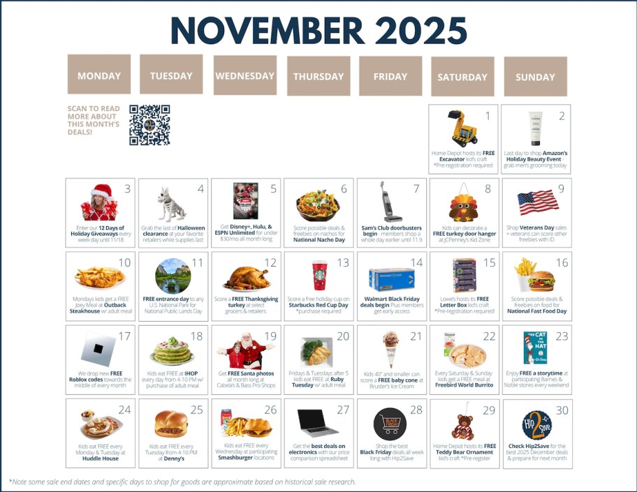 november 2025 sales graphic with various deals and freebies