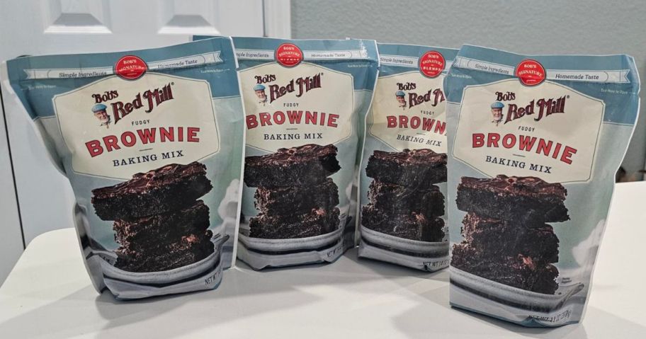 Bob's Red Mill Signature Fudgy Brownie Baking Mix 14oz Bag 4-Pack on counter