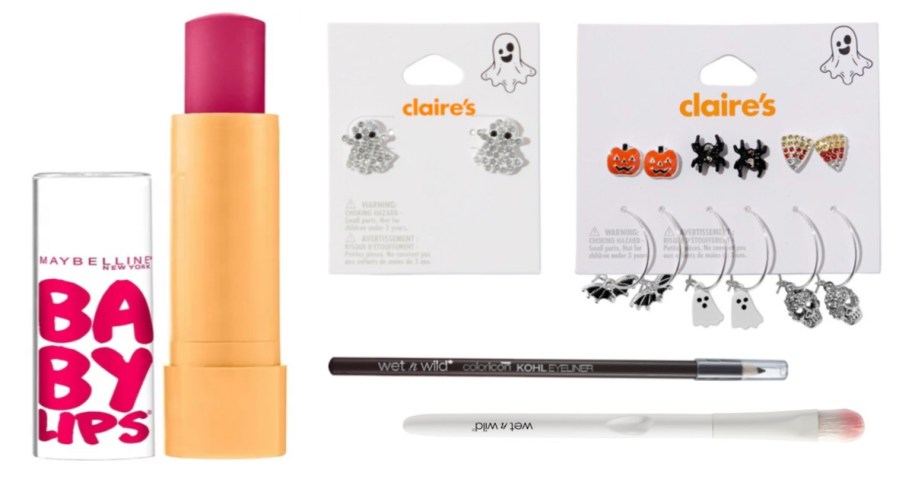 lip gloss, halloween jewelry and makeup brushes