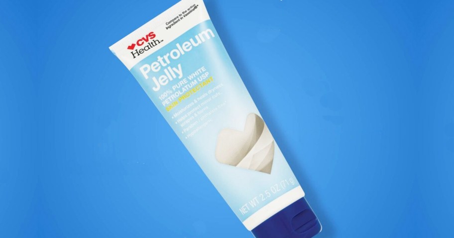 tube of CVS Health Petroleum Jelly on blue background