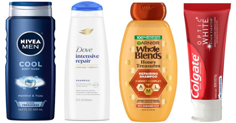 body wash, shampoo and toothpaste