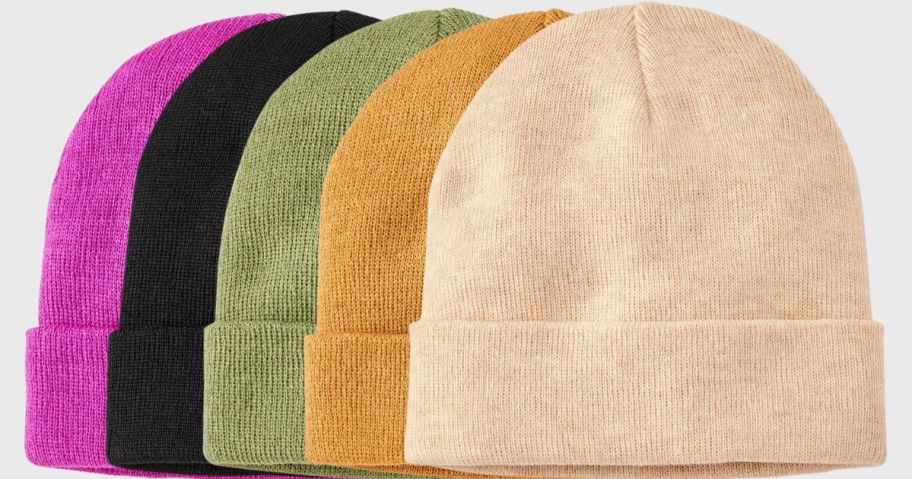 5 beanies in various colors