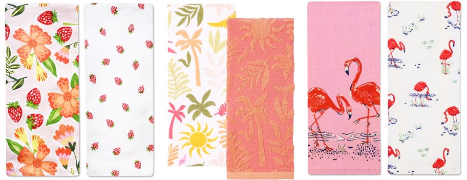 strawberry, tropical, and flamingo print dish towel sets