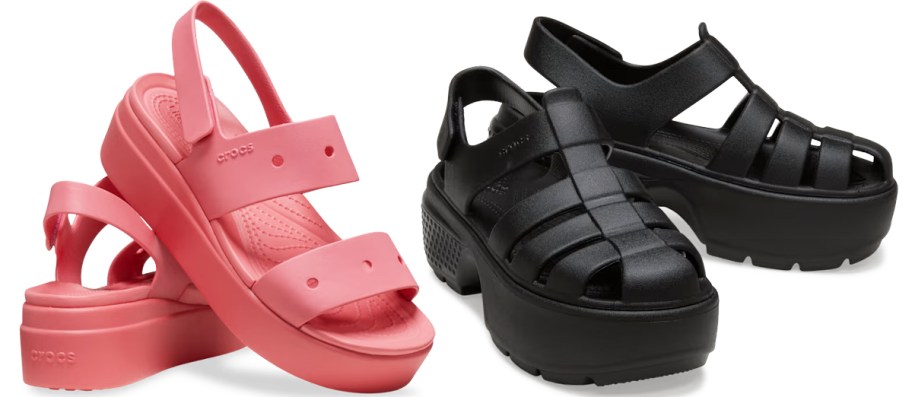 pink and black pairs of platform crocs sandals