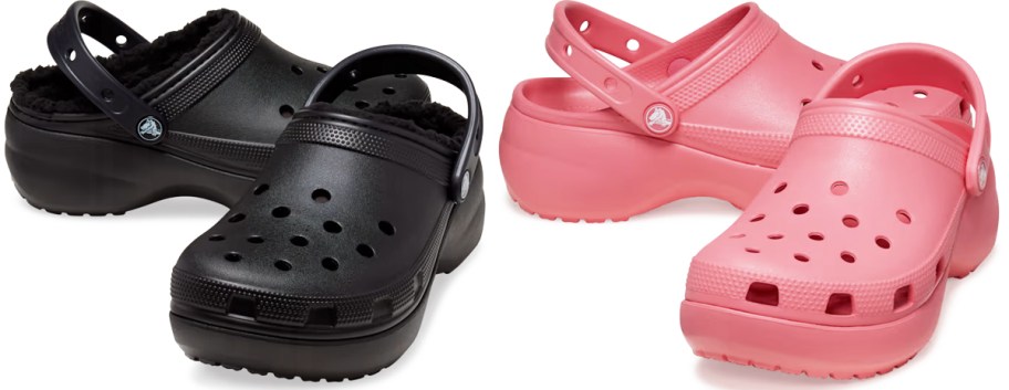 black and pink pairs of platform crocs