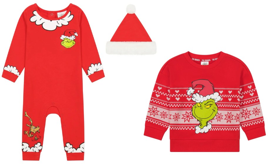 Dr. Seuss The Grinch Christmas Baby Red Coverall and Santa Hat and Dr. Seuss The Grinch Toddler Long Sleeve Sweatshirt