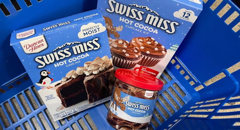 three Duncan Hines Swiss Miss Hot Cocoa Flavored mixes
