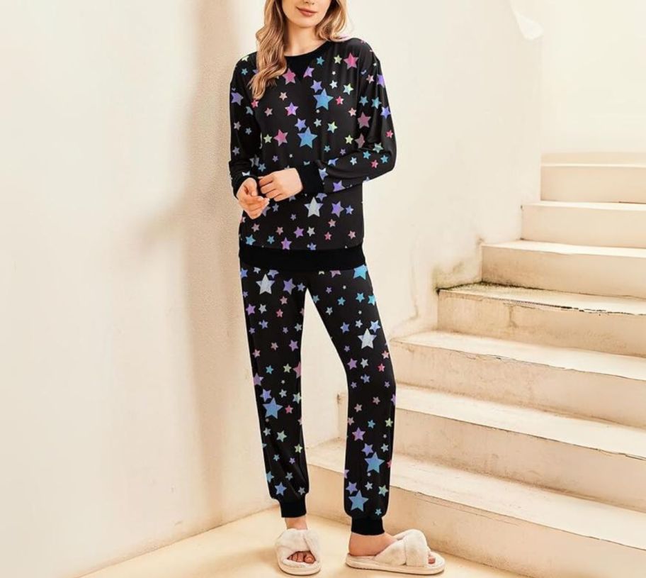 a woman in a set of jogger pajamas